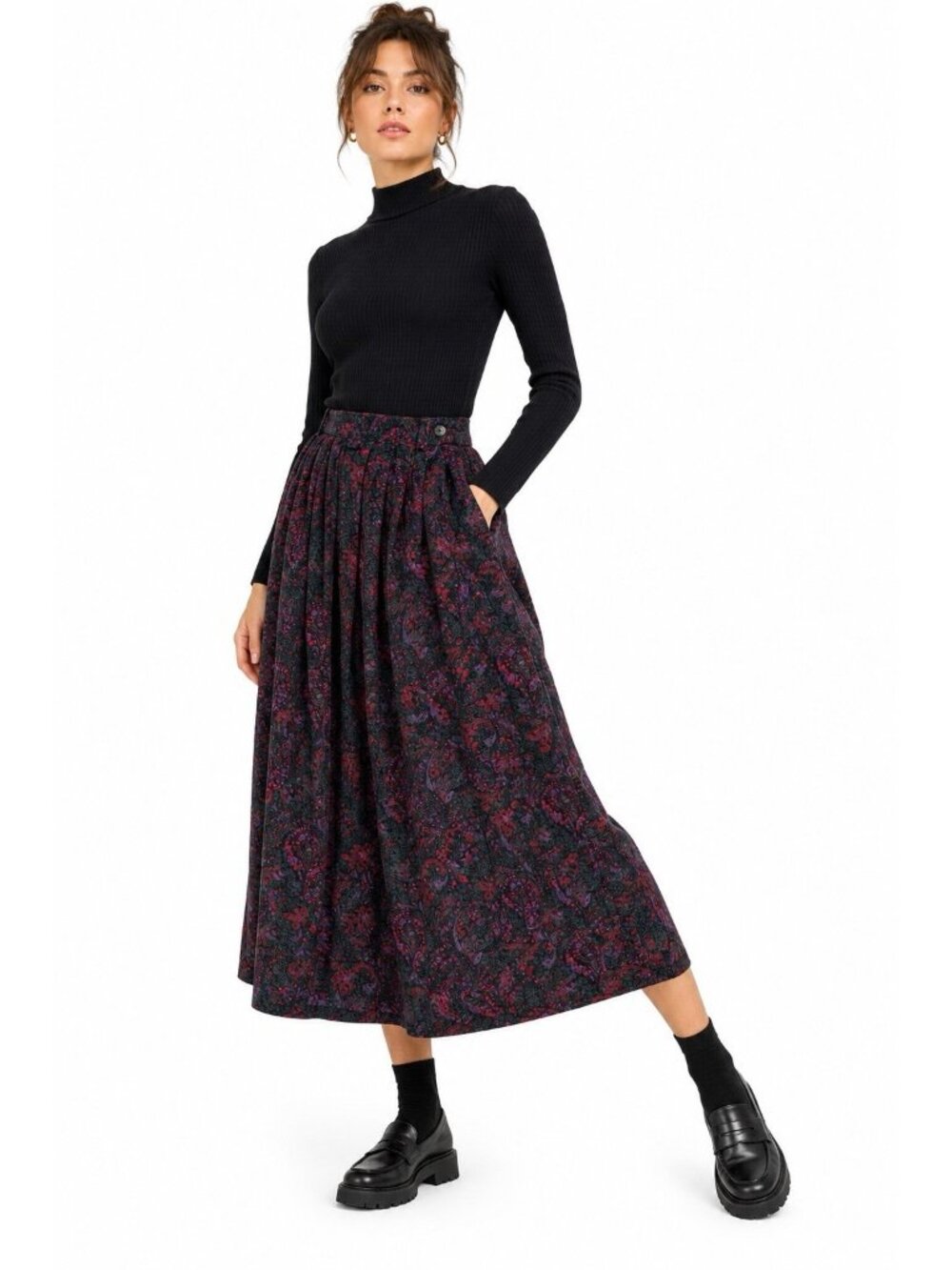 vintage LL BEAN corduroy skirt 4P paisley pleated midi maxi floral grandma retro